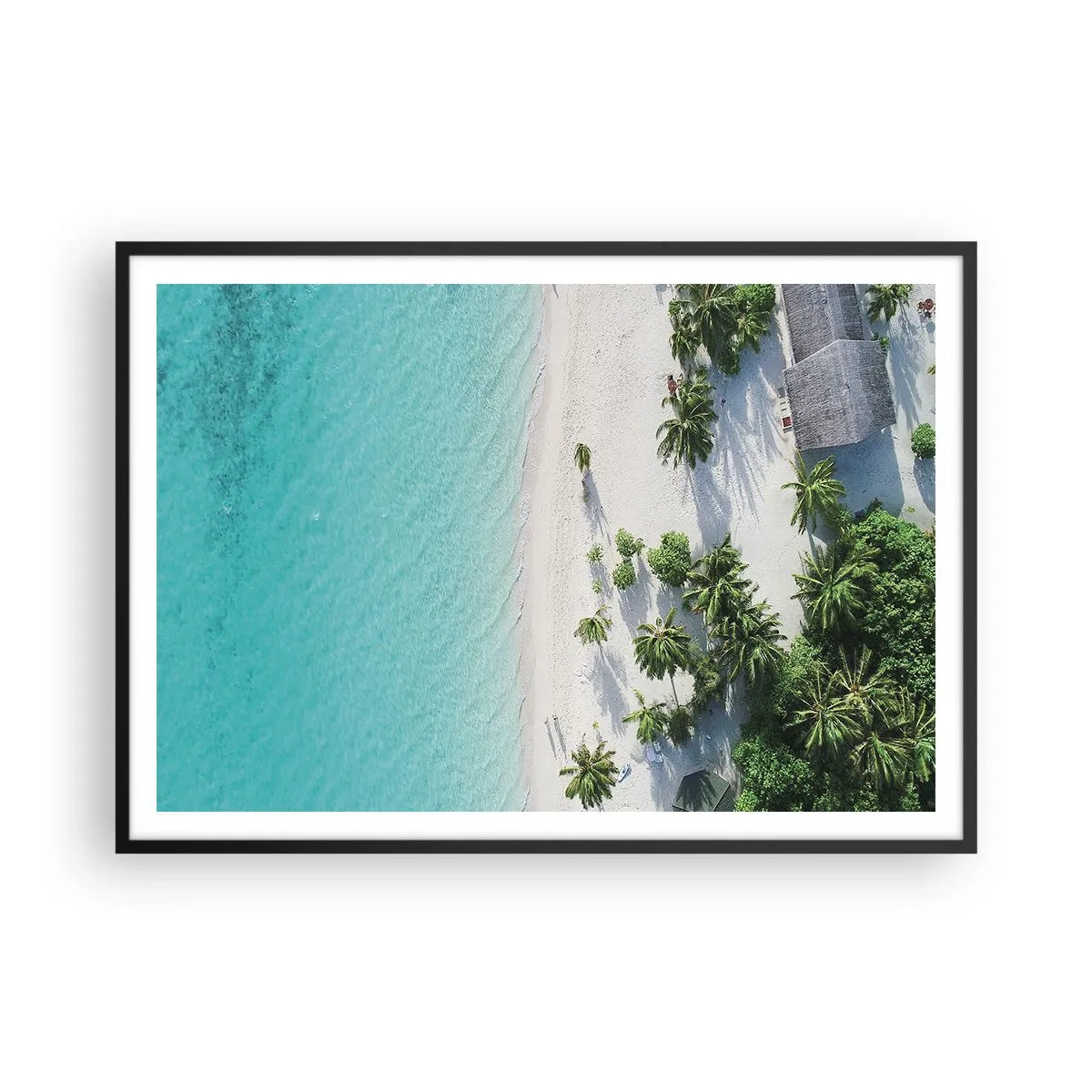 Poster in cornice nera - Una vista a volo d'uccello di una spiaggia tropicale con acqua turchese e palme - 100x70cm - Vacanze in paradiso - Decorazione murale moderna per soggiorno e camera da letto ARTTOR