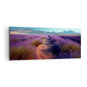 Quadro su tela - Stampe su Tela - Un campo di lavanda con vista sulle montagne e sul cielo azzurro - 120x50cm - Campi profumati - Decorazione murale moderna per soggiorno e camera da letto ARTTOR