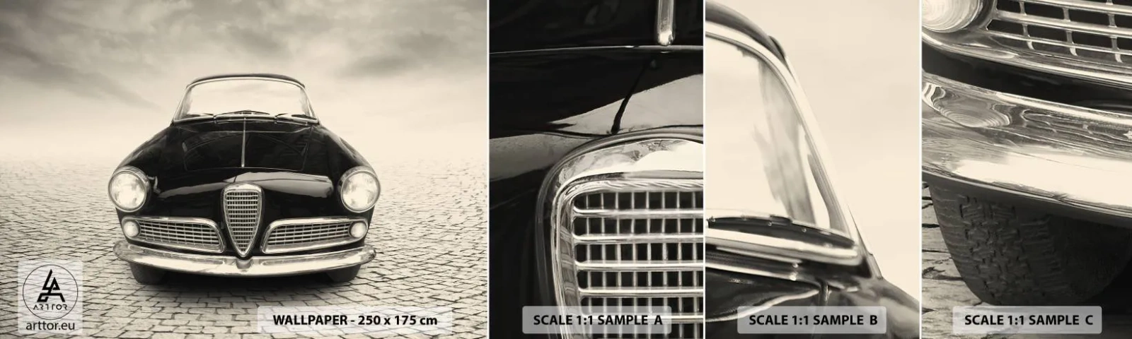 Campione di Fotomurale Adesivo Deluxe Sticker - Come non amarmi? - Auto, Vintage ▾, Bianco e nero - 100x30 cm