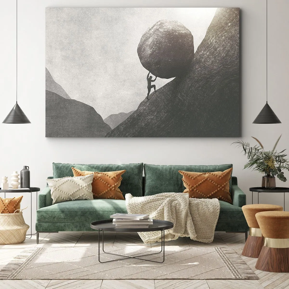 Quadro su tela - Stampe su Tela - Un uomo che scala un enorme masso su una collina - 70x50cm - Credo contro ogni speranza - Decorazione murale moderna per soggiorno e camera da letto ARTTOR