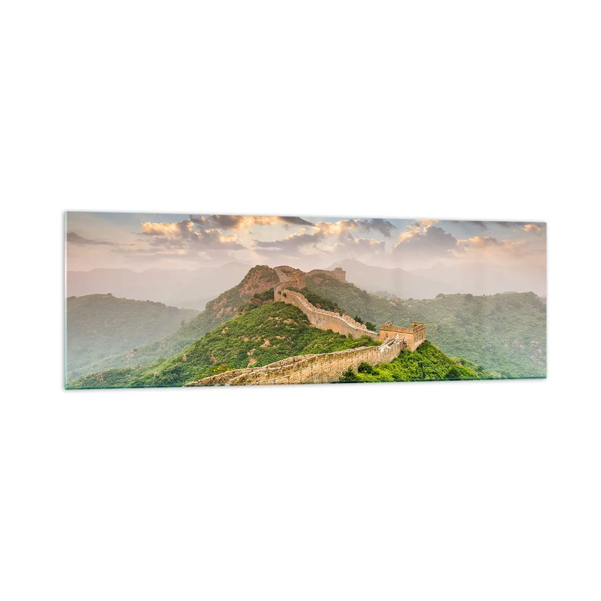 Quadro su vetro - La Grande Muraglia cinese illuminata dalla luce del sole in un paesaggio pittoresco - 160x50cm - La grandezza che non passa mai - Decorazione murale moderna per soggiorno e camera da letto ARTTOR