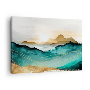 Quadro su tela - Stampe su Tela - Paesaggio astratto con montagne e accenti dorati - 70x50cm - Paesaggio ai confini dell'astrazione - Decorazione murale moderna per soggiorno e camera da letto ARTTOR