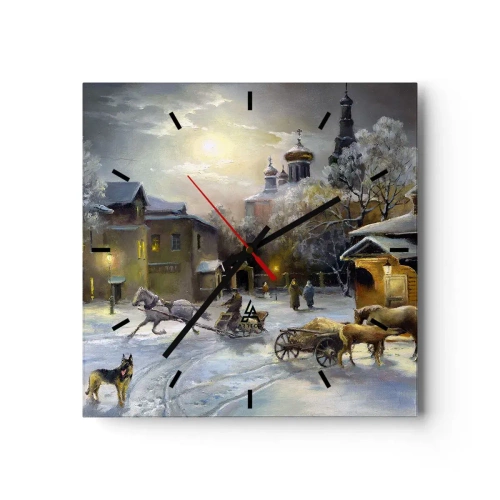 Orologio da parete - Orologio in Vetro - Paesaggio invernale in una città russa con una slitta e una chiesa - 30x30cm - La magia dell'inverno russo - Decorazione murale moderna per soggiorno e camera da letto ARTTOR