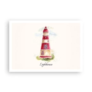 Poster - Dipinto ad acquerello di un faro su sfondo chiaro con un'iscrizione - 100x70cm - Attorno è sempre bel tempo - Decorazione murale moderna per soggiorno e camera da letto ARTTOR