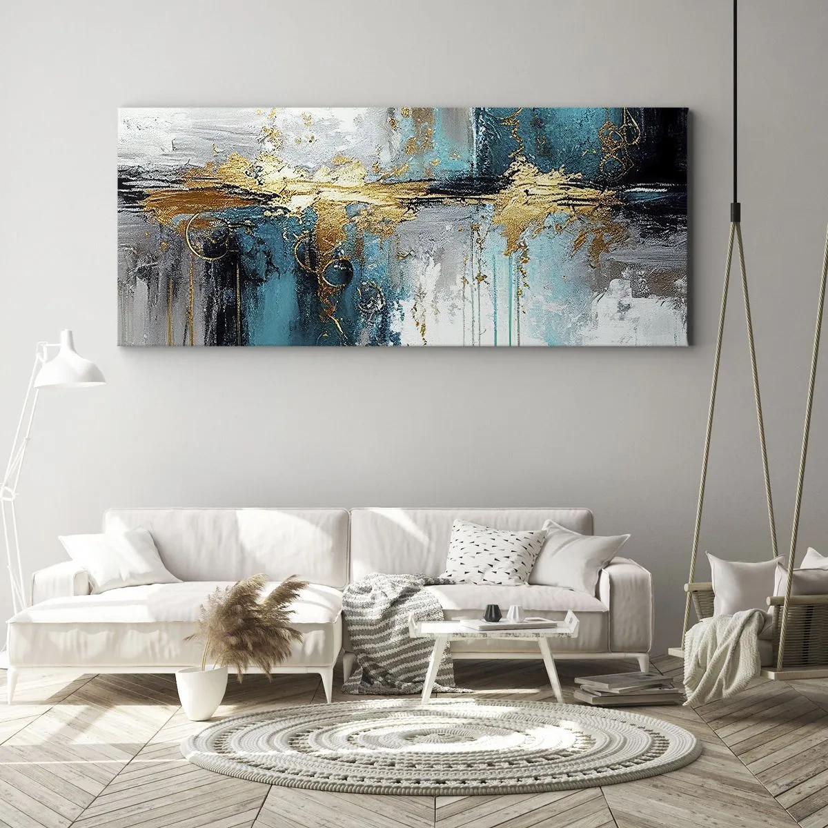 Quadro su tela - Stampe su Tela - Una composizione astratta con accenti turchesi e dorati. - 160x50cm - Panta rei - Decorazione murale moderna per soggiorno e camera da letto ARTTOR