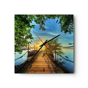 Orologio da parete - Orologio in Vetro - Un molo sul lago sotto i raggi del tramonto - 30x30cm - Tramonto sul lago - Decorazione murale moderna per soggiorno e camera da letto ARTTOR