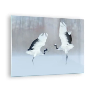 Quadro su vetro - Gru danzanti sullo sfondo di un paesaggio invernale - 70x50cm - Danza nella nebbia - Decorazione murale moderna per soggiorno e camera da letto ARTTOR