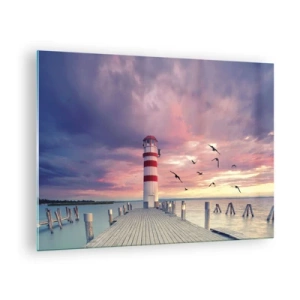Quadro su vetro - Faro sul molo al tramonto con uccelli che volano - 70x50cm - Tempo di tornare in porto - Decorazione murale moderna per soggiorno e camera da letto ARTTOR