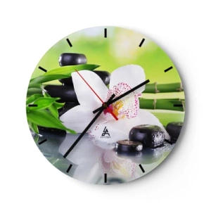 Orologio da parete - Orologio in Vetro - Orchidea bianca con pietre e bambù su sfondo naturale - 30x30cm - Freschezza rinfrescante - Decorazione murale moderna per soggiorno, cucina e camera da letto ARTTOR