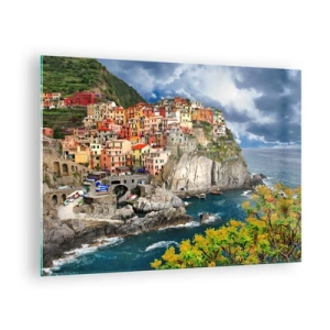 Quadro su vetro - Una città colorata su una scogliera in riva al mare - 70x50cm - Aggrappate alla roccia - Decorazione murale moderna per soggiorno e camera da letto ARTTOR