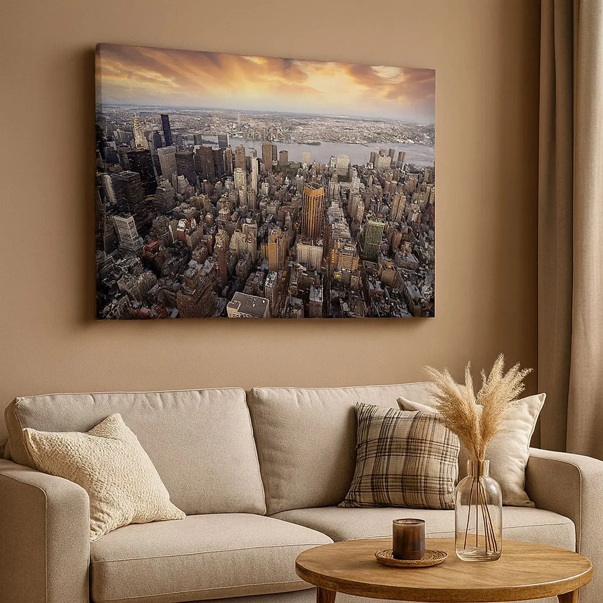 Quadro su tela - Stampe su Tela - Vista della metropoli con il sole al tramonto - 70x50cm - Il cuore pulsante dei nostri tempi - Decorazione murale moderna per soggiorno e camera da letto ARTTOR