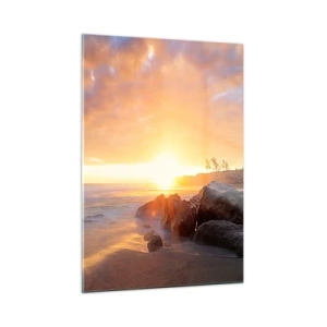 Quadro su vetro - Tramonto sul mare con pietre sulla riva - 50x70cm - La luminosa brezza della sera - Decorazione murale moderna per soggiorno e camera da letto ARTTOR