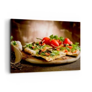 Quadro su tela - Stampe su Tela - Pizza con verdure su tagliere di legno in stile rustico - 100x70cm - Direttamente dal forno e dal giardino - Decorazione murale moderna per soggiorno e camera da letto ARTTOR