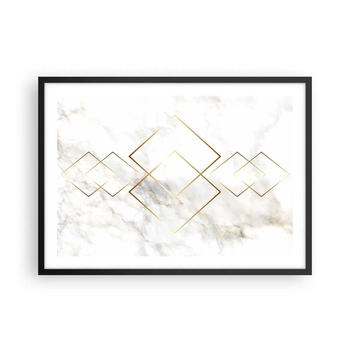 Poster in cornice nera - Rombi dorati minimalisti su uno sfondo di marmo - 70x50cm - Vista sull'infinito - Decorazione murale moderna per soggiorno e camera da letto ARTTOR