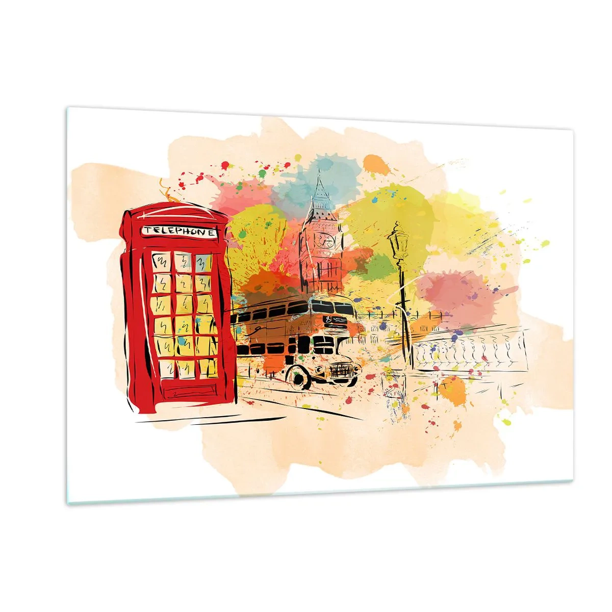 Quadro su vetro - Una cabina telefonica rossa, un autobus a due piani e il Big Ben - 120x80cm - La città della varietà - Decorazione murale moderna per soggiorno e camera da letto ARTTOR