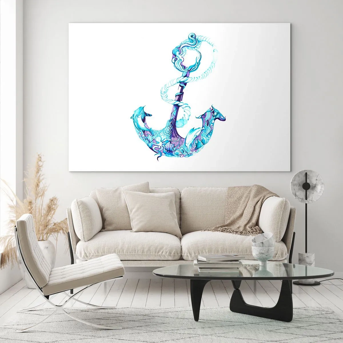 Quadro su vetro - Ancora con motivi nautici in stile artistico - 120x80cm - La confidente dei segreti del mare - Decorazione murale moderna per soggiorno e camera da letto ARTTOR