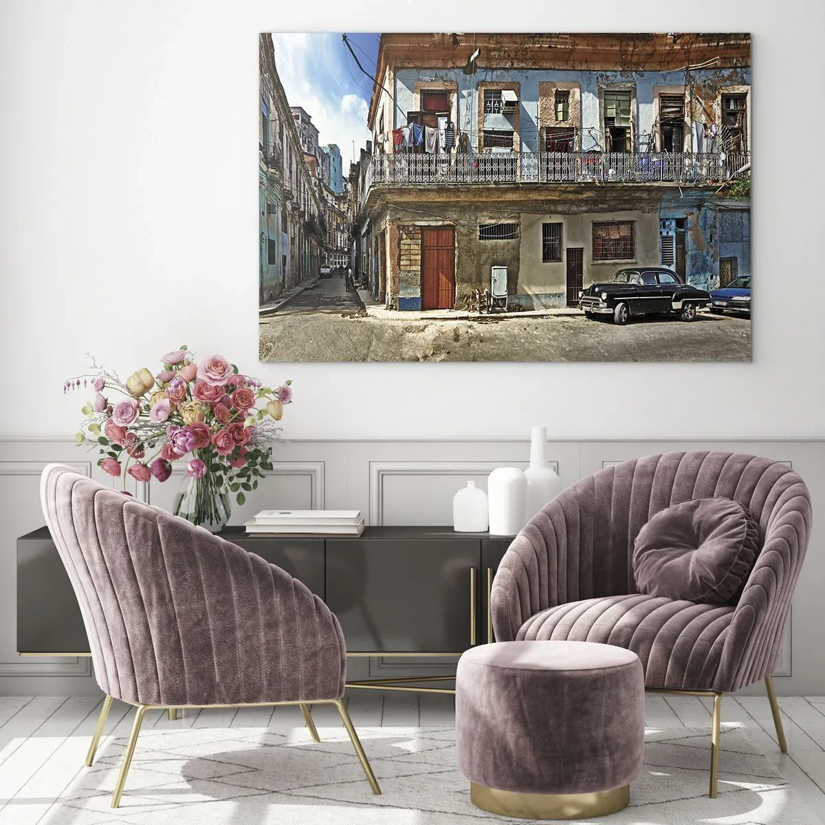 Quadro su vetro - Strada retrò con edifici classici e un'auto - 100x70cm - Atmosfera dell'Avana - Decorazione murale moderna per soggiorno e camera da letto ARTTOR