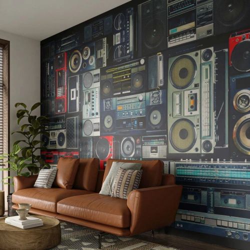 Fotomurali Standard Eco - Una collezione di stereo retrò e apparecchiature audio su uno sfondo scuro. - 100x70cm - Nostalgia degli anni '80 - Decorazione murale moderna per soggiorno e camera da letto ARTTOR