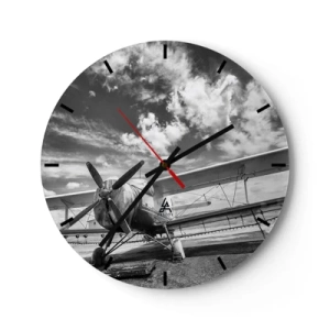 Orologio da parete - Orologio in Vetro - Una foto in bianco e nero di un aereo con nuvole sullo sfondo. - 30x30cm - Non vedo l'ora! - Decorazione murale moderna per soggiorno, cucina e camera da letto ARTTOR