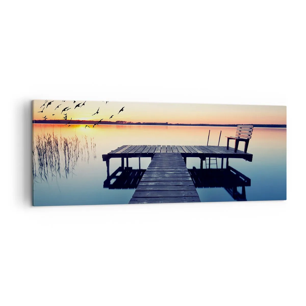 Quadro su tela - Stampe su Tela - Molo di legno su un lago all'alba con uccelli - 140x50cm - È stata una buona giornata - Decorazione murale moderna per soggiorno e camera da letto ARTTOR