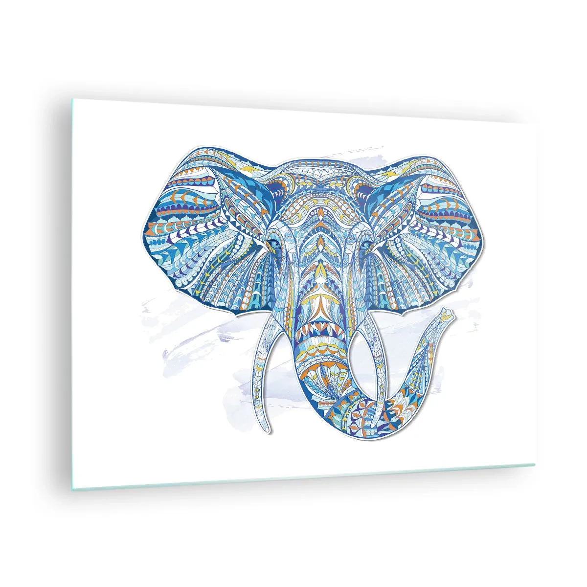 Quadro su vetro - Elefante blu in stile artistico con motivi geometrici - 70x50cm - Intarsiato con oro e blu - Decorazione murale moderna per soggiorno e camera da letto ARTTOR