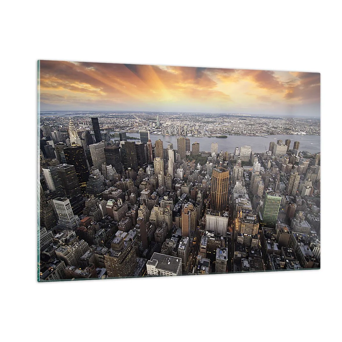 Quadro su vetro - Panorama della città con vista sui grattacieli al tramonto - 120x80cm - Il cuore pulsante dei nostri tempi - Decorazione murale moderna per soggiorno e camera da letto ARTTOR