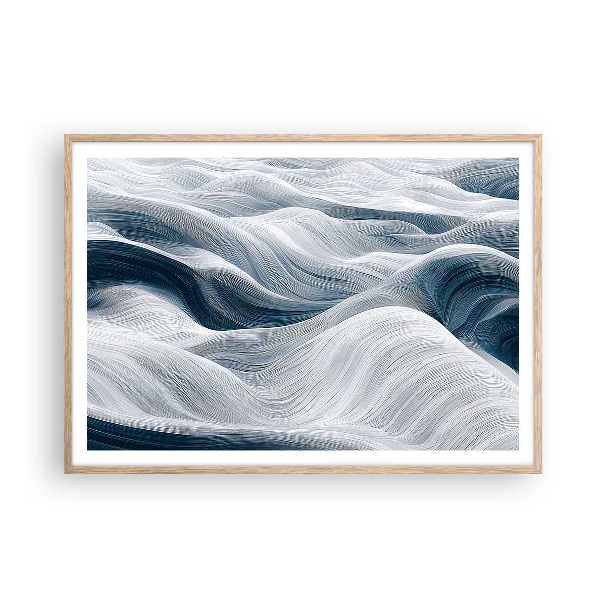Poster in cornice rovere chiaro - Onde bianche e blu - 100x70 cm