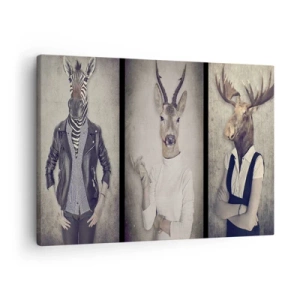 Quadro su tela - Stampe su Tela - Un trittico con figure di animali in abiti umani su uno sfondo artistico - 70x50cm - Facciamo parlare i gesti - Decorazione murale moderna per soggiorno e camera da letto ARTTOR