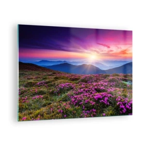 Quadro su vetro - Paesaggio montano con brughiera al tramonto - 70x50cm - Il profumo dei fiori freschi del campo - Decorazione murale moderna per soggiorno e camera da letto ARTTOR
