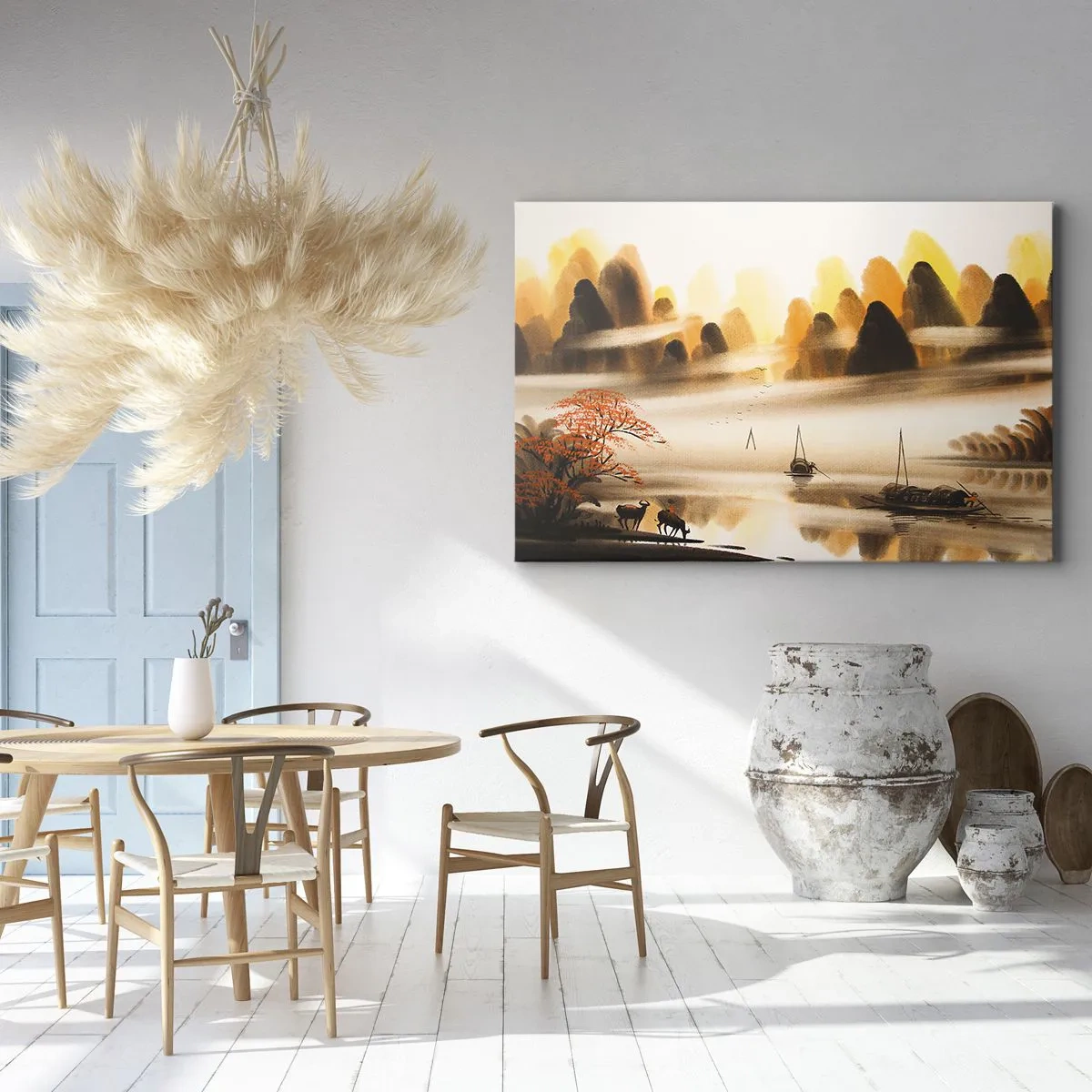 Quadro su tela - Stampe su Tela - Un paesaggio orientale con un fiume, montagne e una leggera nebbia. - 120x80cm - Oltre l'Estremo Oriente - Decorazione murale moderna per soggiorno e camera da letto ARTTOR