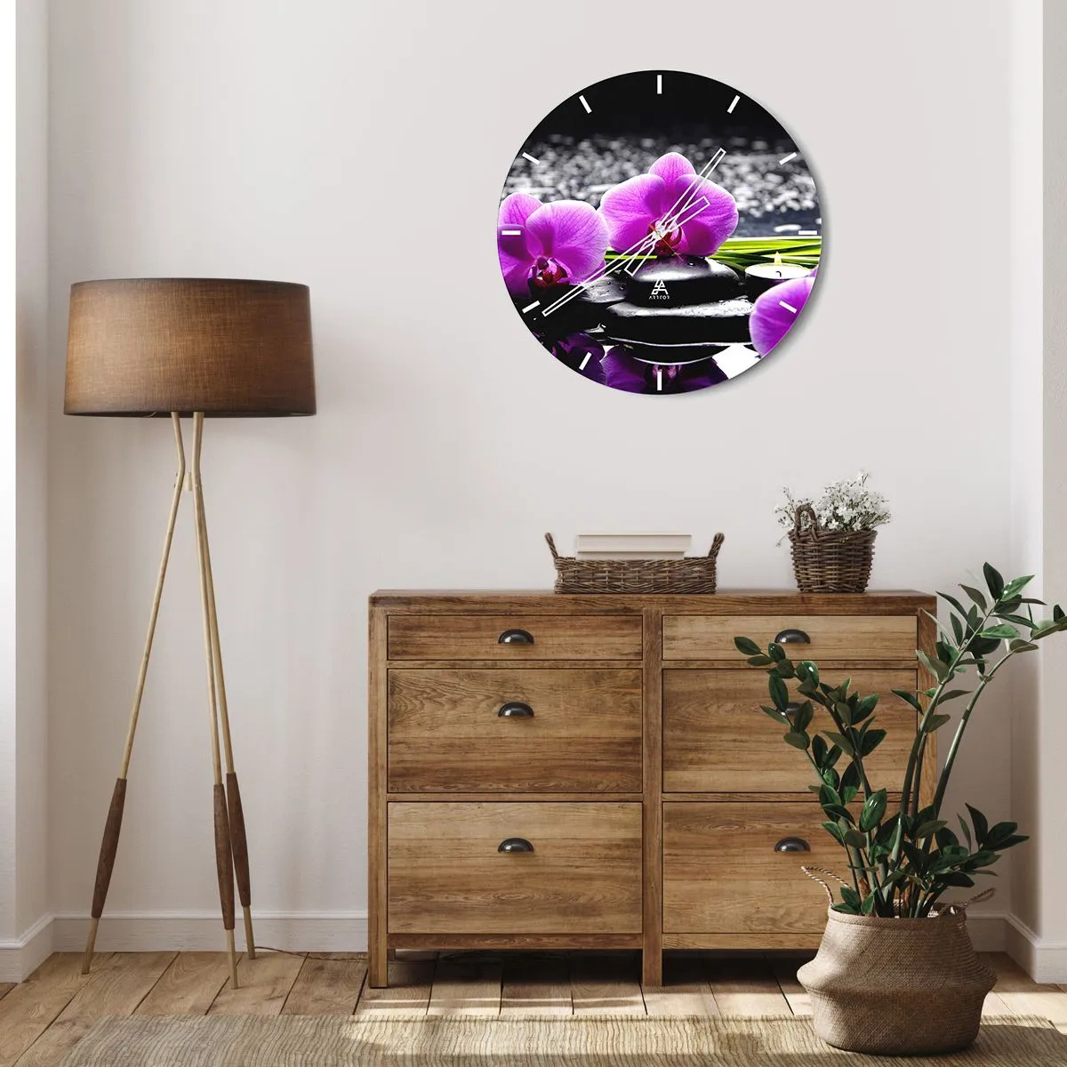 Orologio da parete - Orologio in Vetro - Orchidee viola con pietre e una candela sull'acqua - 30x30cm - Annegare nel silenzio e nella pace - Decorazione murale moderna per soggiorno, cucina e camera da letto ARTTOR