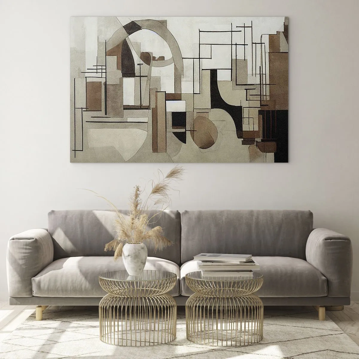Quadro su vetro - Paesaggio geometrico nei toni del marrone e del beige - 70x50cm - Paesaggio urbano 2.0 - Decorazione murale moderna per soggiorno e camera da letto ARTTOR