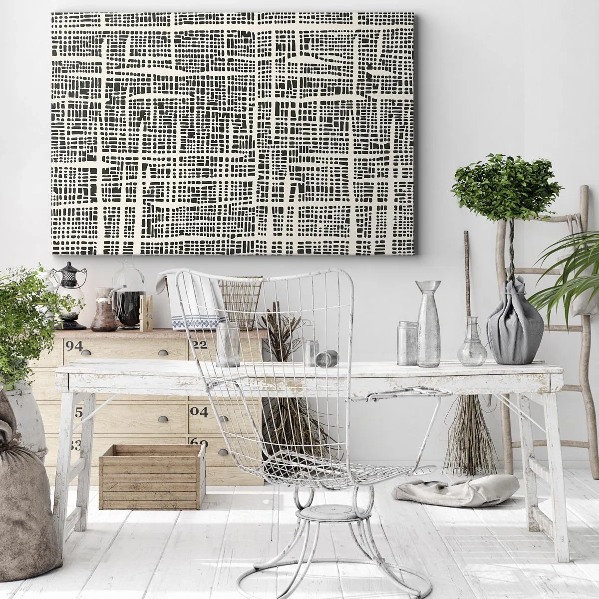 Quadro su tela - Stampe su Tela - Un motivo geometrico che ricorda una griglia su uno sfondo chiaro - 120x80cm - Composizione tessuta - Decorazione murale moderna per soggiorno e camera da letto ARTTOR