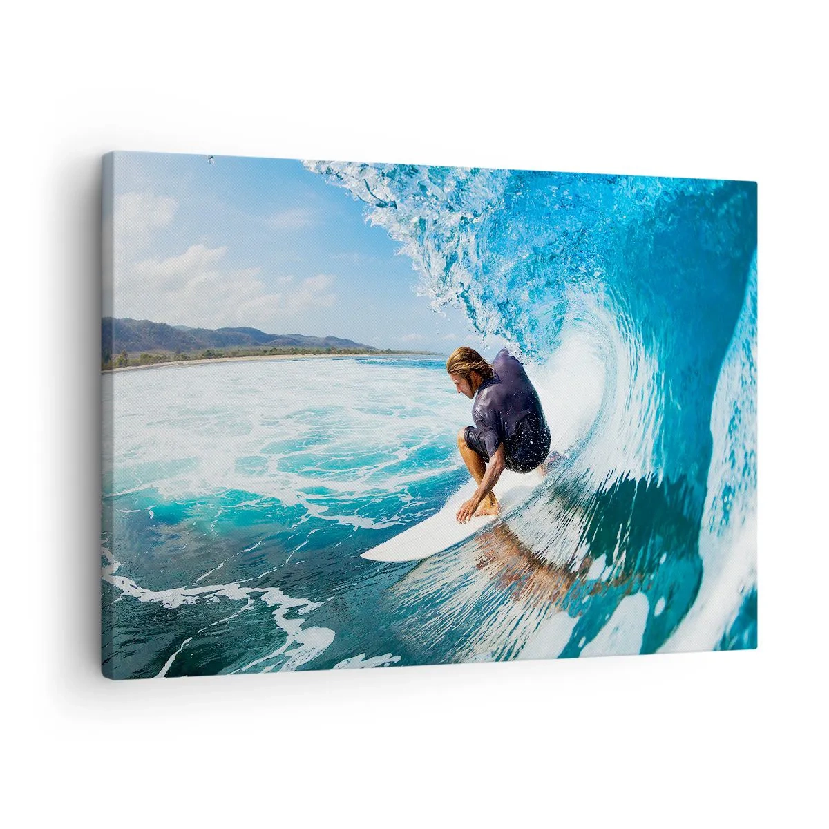 Quadro su tela - Stampe su Tela - Un surfista in posa dinamica su un'onda in acqua turchese. - 70x50cm - Ballando con le onde - Decorazione murale moderna per soggiorno e camera da letto ARTTOR