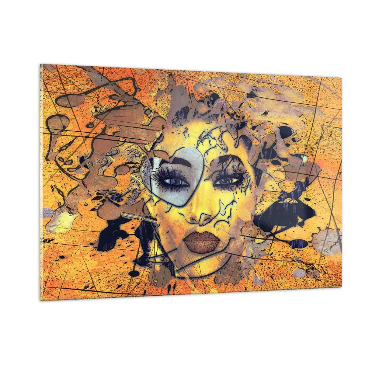 Quadro su vetro - Volto di donna astratto nei toni oro-arancio - 120x80cm - Bellezza solare - Decorazione murale moderna per soggiorno e camera da letto ARTTOR