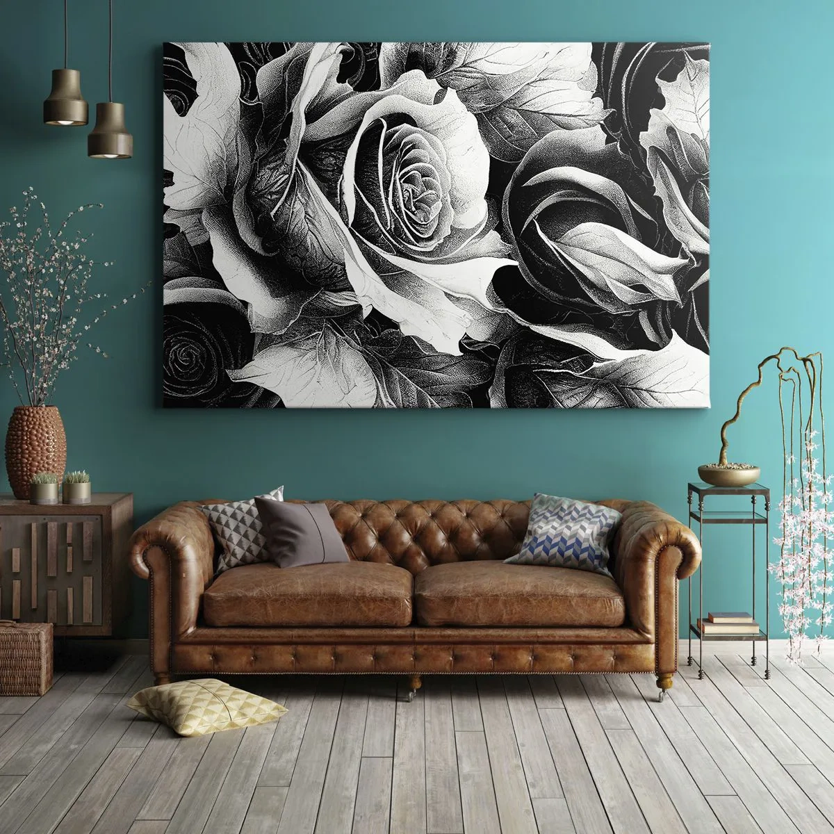 Quadro su tela - Stampe su Tela - Rose bianche e nere in una composizione elegante - 70x50cm - Sempre regina - Decorazione murale moderna per soggiorno e camera da letto ARTTOR