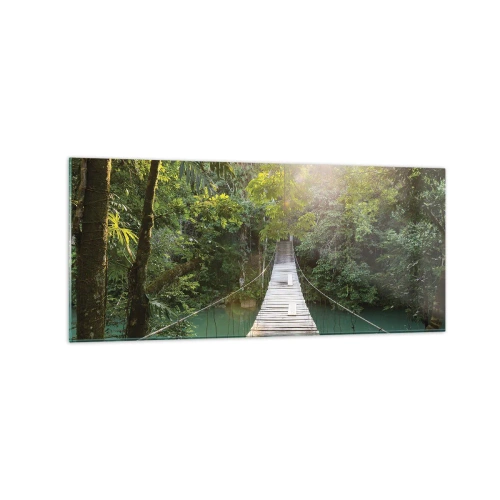 Quadro su vetro - Un ponte sospeso in una foresta tropicale illuminato dalla luce del sole. - 120x50cm - Sull'acqua azzurra verso il bosco azzurro - Decorazione murale moderna per soggiorno e camera da letto ARTTOR