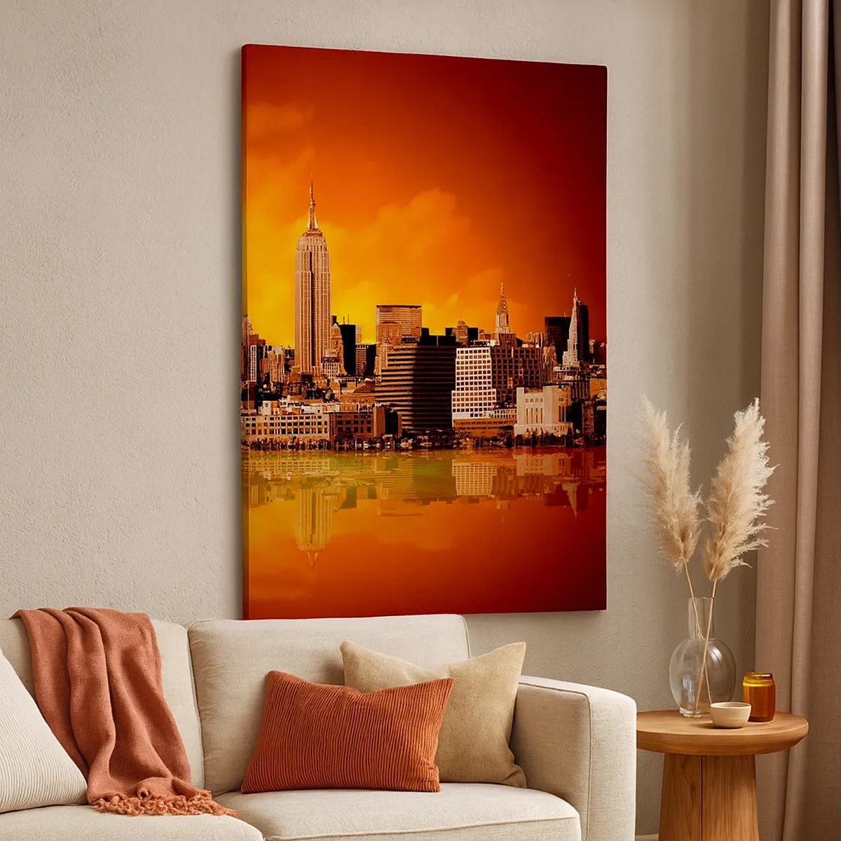 Quadro su tela - Stampe su Tela - Panorama della città al tramonto con gli edifici riflessi nell'acqua - 50x70cm - Panorama di grande città in giallo e marrone - Decorazione murale moderna per soggiorno e camera da letto ARTTOR