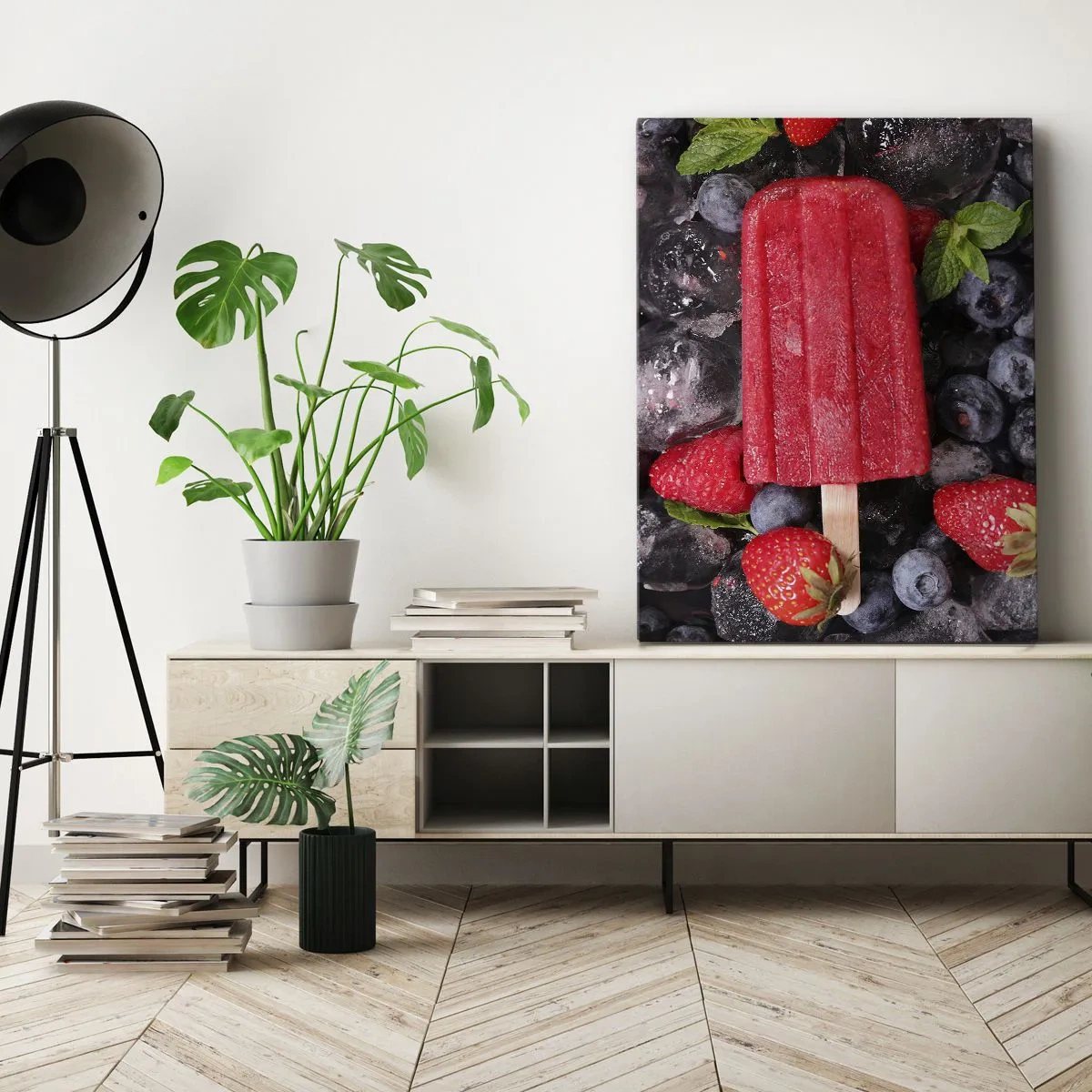 Quadro su tela - Stampe su Tela - Ghiacciolo rosso circondato da frutta e ghiaccio - 80x120cm - Il sapore della calda estate - Decorazione murale moderna per soggiorno e camera da letto ARTTOR