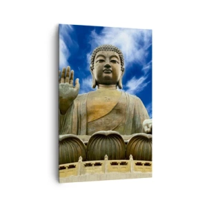 Quadro su tela - Stampe su Tela - Una statua monumentale del Buddha contro un cielo azzurro con nuvole - 80x120cm - Vivere senza paura - Decorazione murale moderna per soggiorno e camera da letto ARTTOR