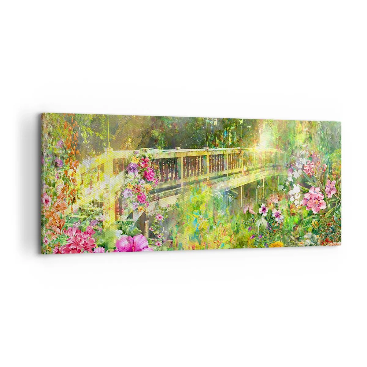 Quadro su tela - Stampe su Tela - Un ponte circondato da una vegetazione lussureggiante e fiori - 120x50cm - Il ponte dei sospiri primaverili - Decorazione murale moderna per soggiorno e camera da letto ARTTOR