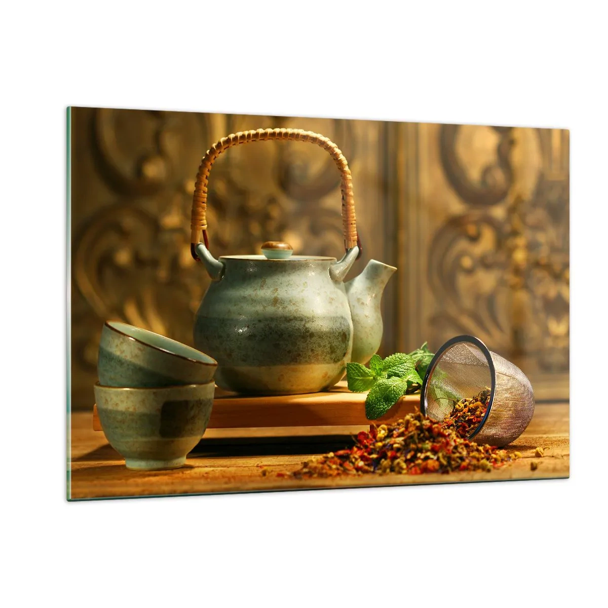 Quadro su vetro - Set da tè in ceramica con erbe aromatiche in una decorazione classica - 120x80cm - Trattato sul tè - Decorazione murale moderna per soggiorno e camera da letto ARTTOR