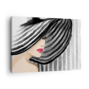 Quadro su tela - Stampe su Tela - Donna che indossa un cappello bianco e nero con un accento rosso - 70x50cm - Dove trovarti? - Decorazione murale moderna per soggiorno e camera da letto ARTTOR