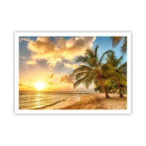 Poster - Spiaggia con palme e tramonto sull'oceano - 100x70cm - Estate perpetua, vacanze per sempre - Decorazione murale moderna per soggiorno e camera da letto ARTTOR