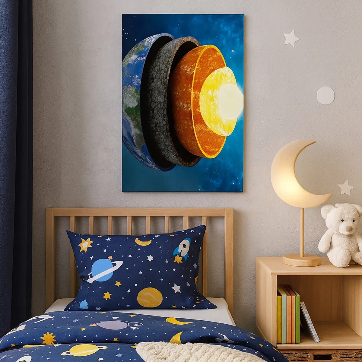 Quadro su tela - Stampe su Tela - Una sezione trasversale della Terra che mostra i suoi strati nello spazio. - 50x70cm - Viaggio al centro della terra - Decorazione murale moderna per soggiorno e camera da letto ARTTOR