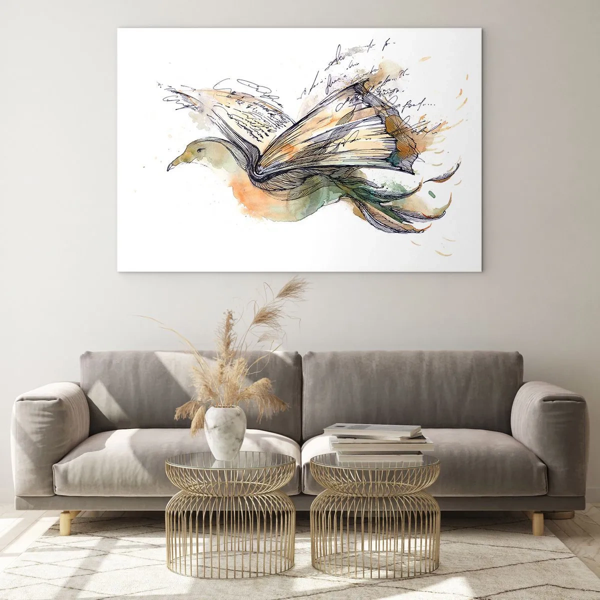 Quadro su vetro - Un uccello da un libro srotolato, una metafora artistica della conoscenza - 70x50cm - Sulle ali della poesia - Decorazione murale moderna per soggiorno e camera da letto ARTTOR