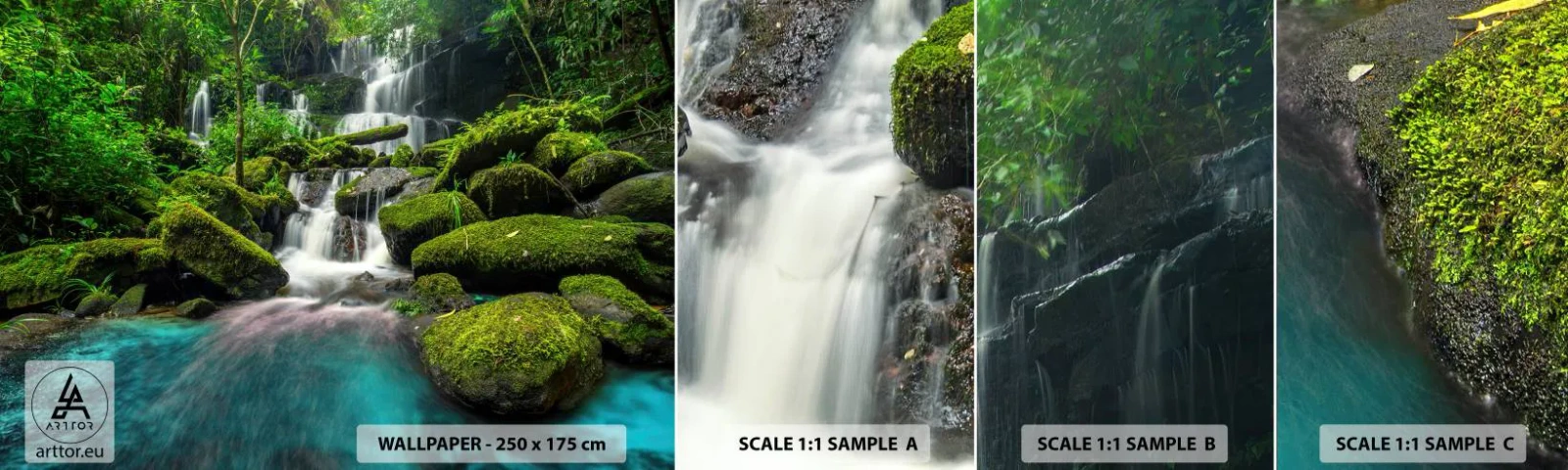 Campione Di Fotomurale Standard Eco - Turchese, zaffiro e argento liquido - Paesaggio, Cascata, ruscello di montagna - 100x30 cm