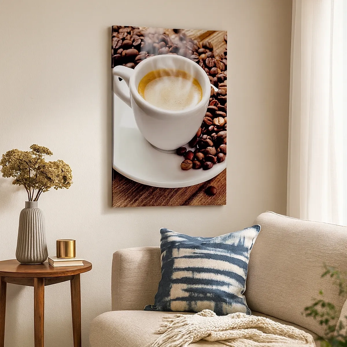 Quadro su tela - Stampe su Tela - Una tazza di caffè aromatico sullo sfondo di chicchi e una foglia - 50x70cm - Il caffè è pronto - Decorazione murale moderna per soggiorno e camera da letto ARTTOR