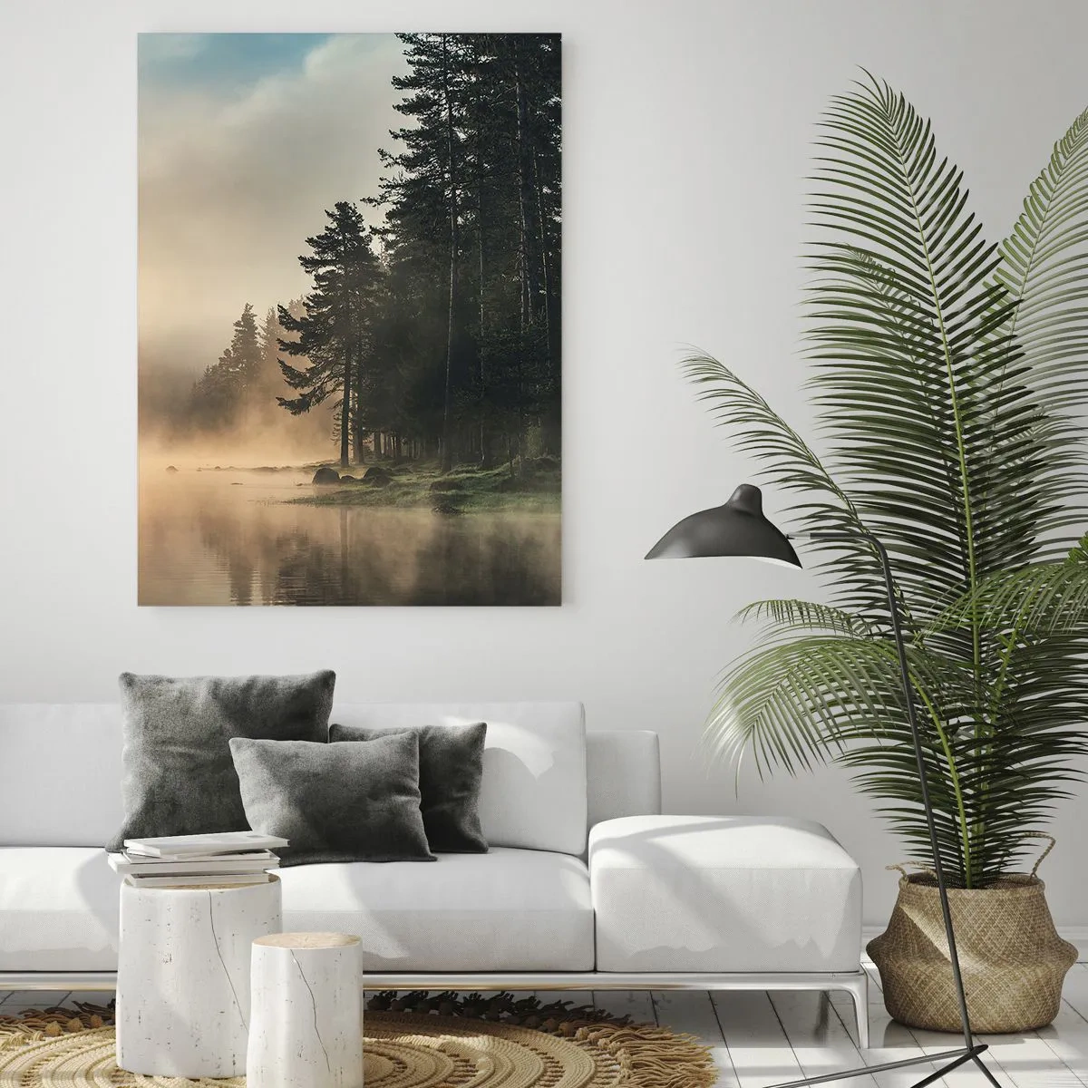 Quadro su vetro - Una foresta nebbiosa sopra un lago calmo - 80x120cm - La nascita del giorno - Decorazione murale moderna per soggiorno e camera da letto ARTTOR