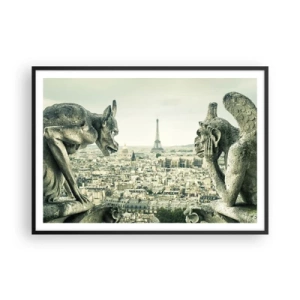 Poster in cornice nera - Gargoyle che dominano lo skyline di Parigi e la Torre Eiffel - 100x70cm - Chiacchierate parigine - Decorazione murale moderna per soggiorno e camera da letto ARTTOR